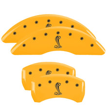 Load image into Gallery viewer, MGP Caliper Covers 10200SSNKYL Set of 4: Yellow finish, Black Tiffany Snake Logo