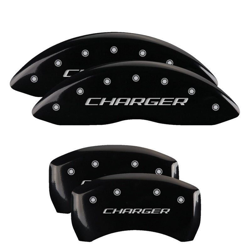 MGP Caliper Covers 12001SCHBBK Set of 4: Black finish, Silver Charger (Block)