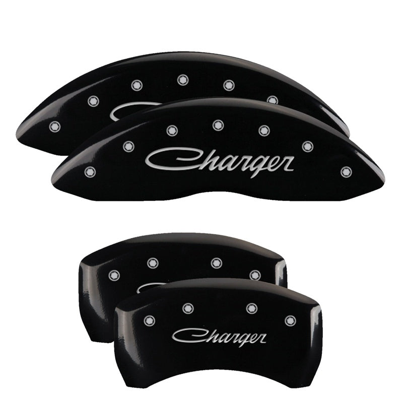 MGP Caliper Covers 12001SCHSBK Set of 4: Black finish, Silver Charger (Cursive)