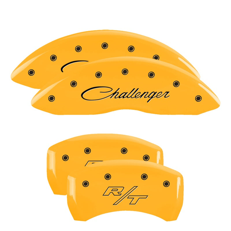 MGP Caliper Covers 12001SCLRYL Set of 4: Yellow finish, Black Challenger (Cursive) / RT