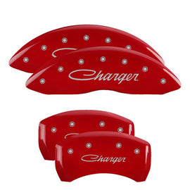 MGP Caliper Covers 12005SCHSRD Set of 4: Red finish, Silver Charger (Cursive)