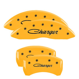 MGP Caliper Covers 12005SCHSYL Set of 4: Yellow finish, Black Charger (Cursive)