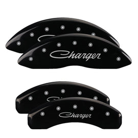 MGP Caliper Covers 12088SCHSBK Set of 4: Black finish, Silver Charger (Cursive)