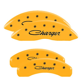 MGP Caliper Covers 12088SCHSYL Set of 4: Yellow finish, Black Charger (Cursive)