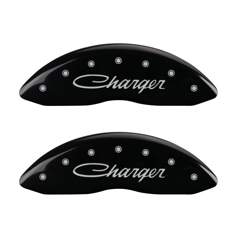 MGP Caliper Covers 12162SCHSBK Set of 4: Black finish, Silver Charger (Cursive)