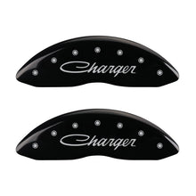 Load image into Gallery viewer, MGP Caliper Covers 12162SCHSBK Set of 4: Black finish, Silver Charger (Cursive)