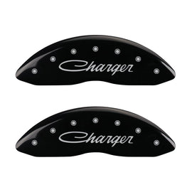 MGP Caliper Covers 12162SCHSBK Set of 4: Black finish, Silver Charger (Cursive)