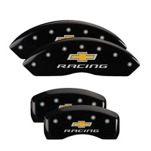 Load image into Gallery viewer, MGP Caliper Covers 13007SBRCBK Set of 4: Black finish, Silver Chevy Racing