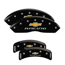 Load image into Gallery viewer, MGP Caliper Covers 13013SBRCBK Set of 4: Black finish, Silver Chevy Racing