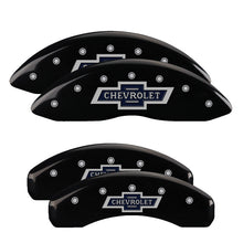 Load image into Gallery viewer, MGP Caliper Covers 14005SBANBK Set of 4: Black finish, Silver 100 Anniversary Chevrolet