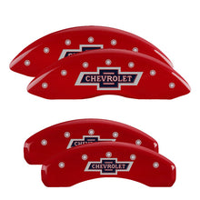 Load image into Gallery viewer, MGP Caliper Covers 14005SBANRD Set of 4: Red finish, Silver 100 Anniversary Chevrolet