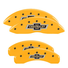 Load image into Gallery viewer, MGP Caliper Covers 14005SBANYL Set of 4: Yellow finish, Black 100 Anniversary Chevrolet