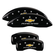 Load image into Gallery viewer, MGP Caliper Covers 14006SBRCBK Set of 4: Black finish, Silver Chevy Racing