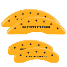 Load image into Gallery viewer, MGP Caliper Covers 14011SCA5YL Set of 4: Yellow finish, Black Camaro (Gen 5/6)