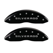 Load image into Gallery viewer, MGP Caliper Covers 14207FSILBK Front Set of 2: Black finish, Silver Silverado