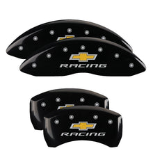 Load image into Gallery viewer, MGP Caliper Covers 14231SBRCBK Set of 4: Black finish, Silver Chevy Racing
