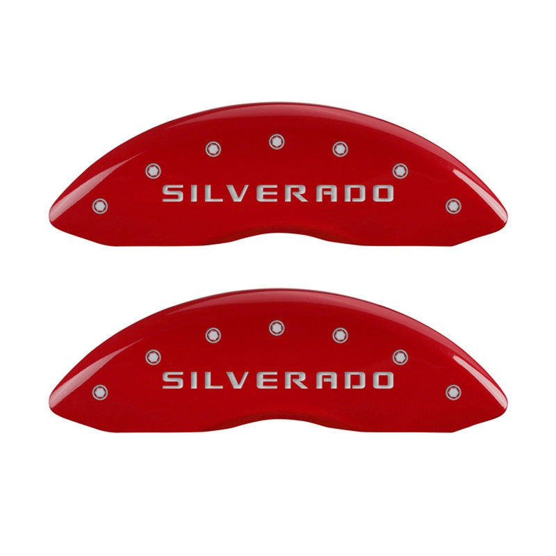 MGP Caliper Covers 14238FSILRD Front Set of 2: Red finish, Silver Silverado