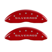 Load image into Gallery viewer, MGP Caliper Covers 14238FSILRD Front Set of 2: Red finish, Silver Silverado