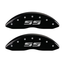 Load image into Gallery viewer, MGP Caliper Covers 14238FSS3BK Front Set of 2: Black finish, Silver SS (Silverado)