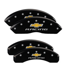 Load image into Gallery viewer, MGP Caliper Covers 14240SBRCBK Set of 4: Black finish, Silver Chevy Racing