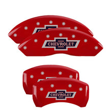 Load image into Gallery viewer, MGP Caliper Covers 14247SBANRD Set of 4: Red finish, Silver 100 Anniversary Chevrolet