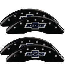 Load image into Gallery viewer, MGP Caliper Covers 14258SBANBK Set of 4: Black finish, Silver 100 Anniversary Chevrolet
