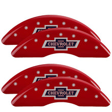 Load image into Gallery viewer, MGP Caliper Covers 14258SBANRD Set of 4: Red finish, Silver 100 Anniversary Chevrolet