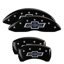 Load image into Gallery viewer, MGP Caliper Covers 14260SBANBK Set of 4: Black finish, Silver 100 Anniversary Chevrolet