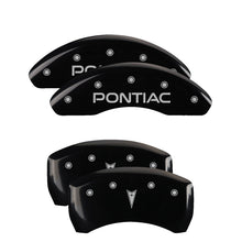 Load image into Gallery viewer, MGP Caliper Covers 18025SPONBK Set of 4: Black finish, Silver Pontiac / Arrow Logo