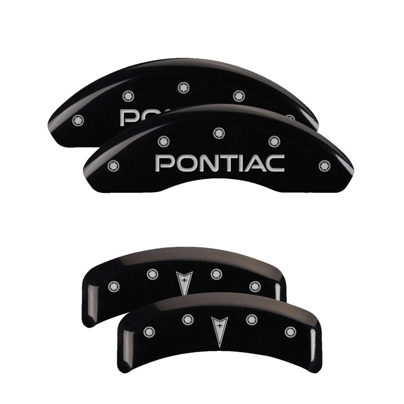 MGP Caliper Covers 18027SPONBK Set of 4: Black finish, Silver Pontiac / Arrow Logo