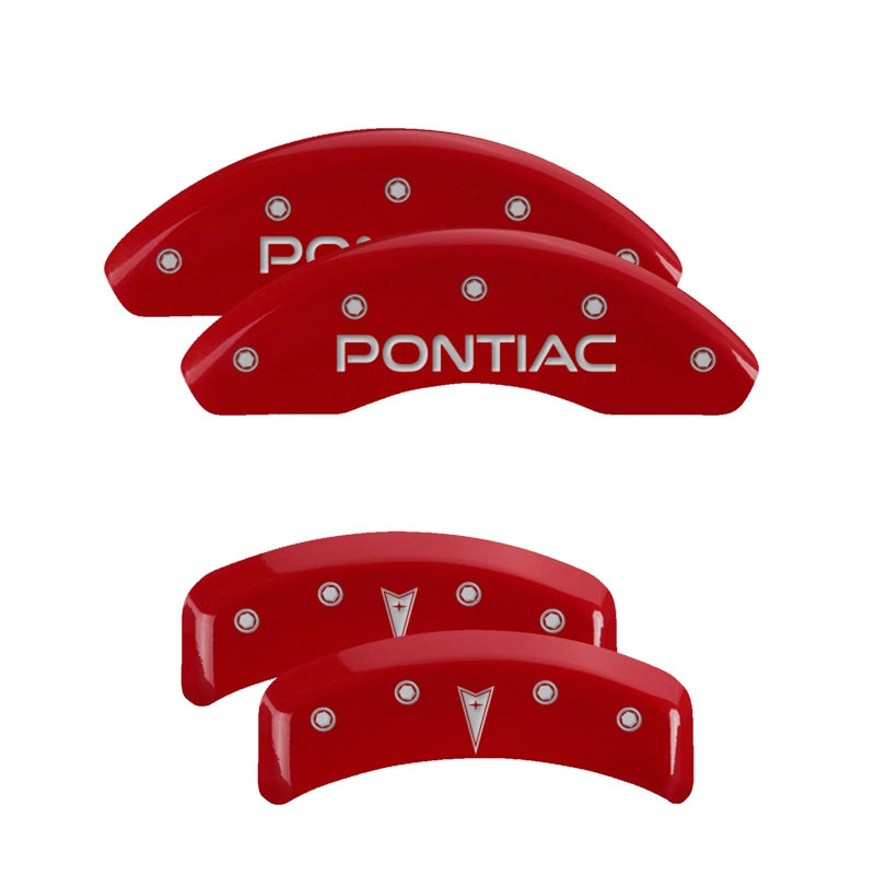 MGP Caliper Covers 18027SPONRD Set of 4: Red finish, Silver Pontiac / Arrow Logo