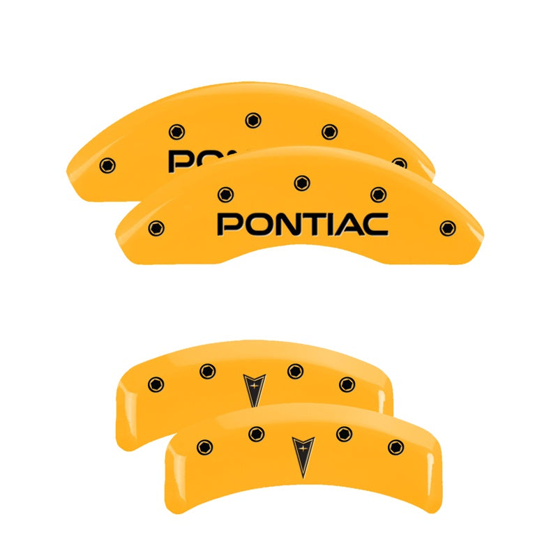 MGP Caliper Covers 18027SPONYL Set of 4: Yellow finish, Black Pontiac / Arrow Logo