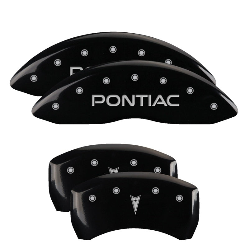 MGP Caliper Covers 18028SPONBK Set of 4: Black finish, Silver Pontiac / Arrow Logo