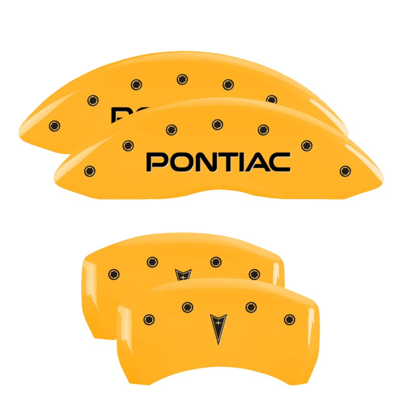 MGP Caliper Covers 18028SPONYL Set of 4: Yellow finish, Black Pontiac / Arrow Logo