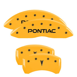 MGP Caliper Covers 18028SPONYL Set of 4: Yellow finish, Black Pontiac / Arrow Logo