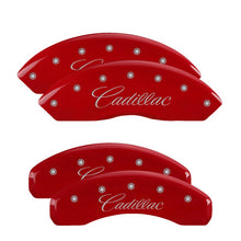 Load image into Gallery viewer, MGP Caliper Covers 35005SCADRD Set of 4: Red finish, Silver Cadillac (Cursive)