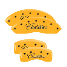 Load image into Gallery viewer, MGP Caliper Covers 35010SCADYL Set of 4: Yellow finish, Black Cadillac (Cursive)
