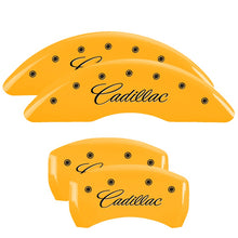 Load image into Gallery viewer, MGP Caliper Covers 35024SCADYL Set of 4: Yellow finish, Black Cadillac (Cursive)