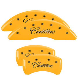 MGP Caliper Covers 35024SCADYL Set of 4: Yellow finish, Black Cadillac (Cursive)