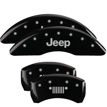 Load image into Gallery viewer, MGP Caliper Covers 42012SJPLBK Set of 4: Black finish, Silver JEEP / JEEP Grill Logo