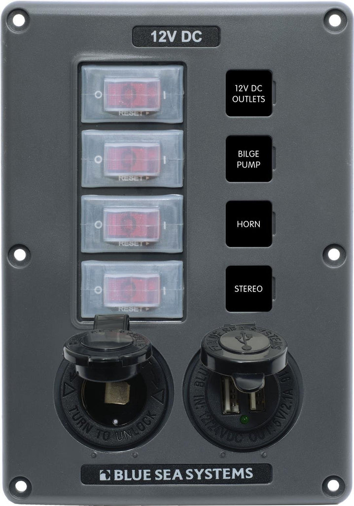 BLUE SEA 4321-BSS PANEL SWITCH H2O CB 4POS SCKT & USB