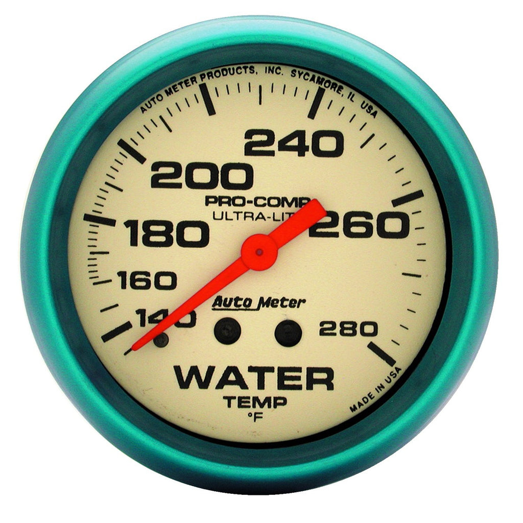 AutoMeter 4535 GAUGE,WATER TEMP,2 5/8",140-280 Degrees F,MECH.,4FT.,GLOW IN DARK,ULTRA-NITE
