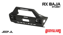 Load image into Gallery viewer, 2018-2025 Jeep Wrangler JL Front Bumper Stubby with Push Bar End Cap Light Cutouts With Camera Harness + Pod Texture Black Powdercoat Bodyguard Bumpers