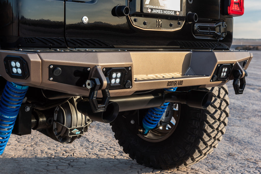 2018-2025 Jeep Wrangler JL Rear Bumper Sensor Cutouts Reverse Light Cutouts Bare Metal Bodyguard Bumpers
