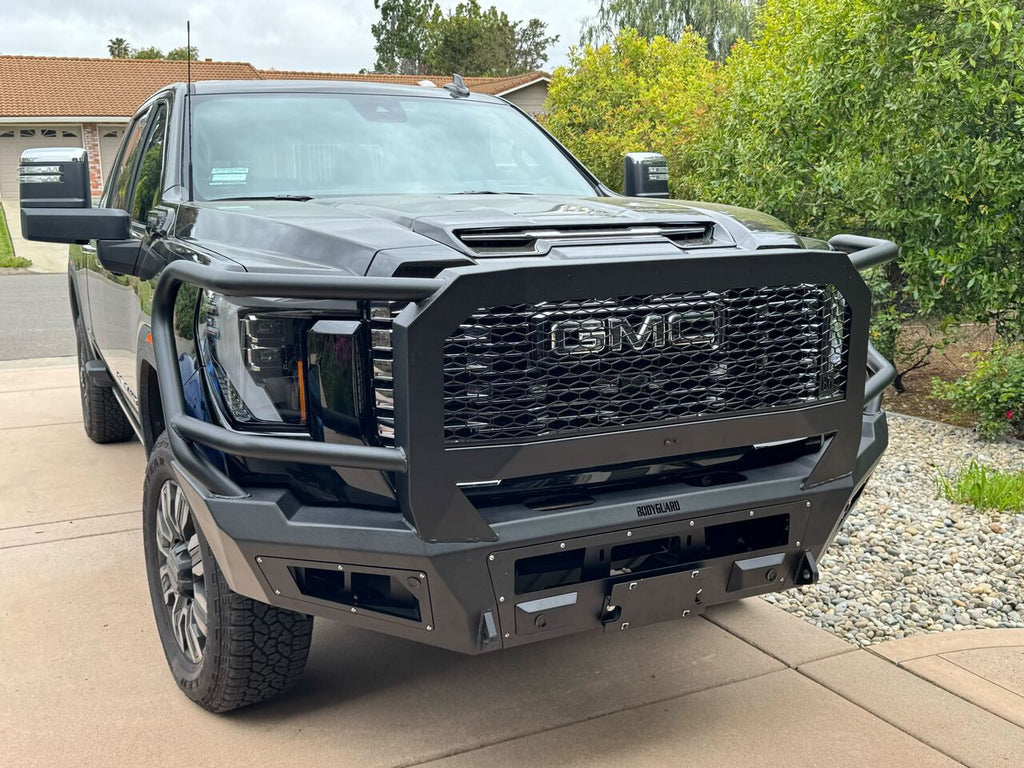A2 Front Bumper Extreme For 2024-2026 Sierra 2500/3500 HD Sensor Cutouts With Mesh Grill With Camera Harness Bare Metal Bodyguard Bumpers