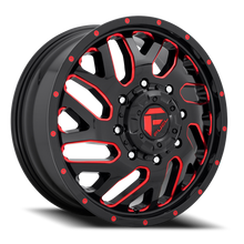 Load image into Gallery viewer, Dually Wheels 20X8.25 Triton Dually D656 8 On 200 Gloss Black Red Tinted Clear 142 Bore 105 Offset Mesh Spoke Front Dually Fuel Off Road Wheels