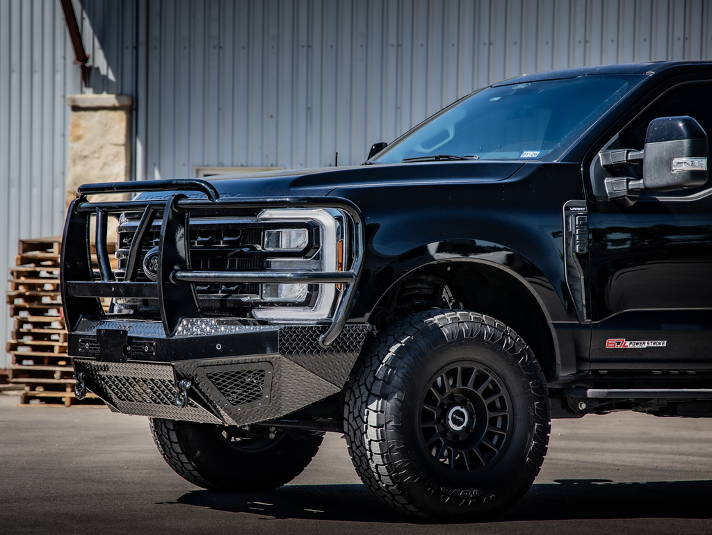 T2 Front Bumper Extreme For 2023-2026 Ford F250/F350 Superduty Sensor Cutouts Factory Fog Cutouts Standard Skid Plate Without Mesh Grill With Camera Harness Gloss Black Powdercoat Bodyguard Bumpers