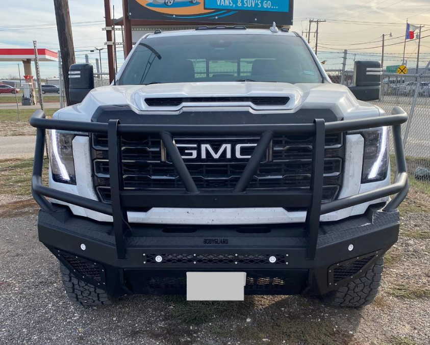 T2 Front Bumper Extreme For 2024-2026 Sierra 2500/3500 HD Sensor Cutouts Factory Fog lights Standard Skid Plate Without Mesh Grill With Camera Harness Texture Black Powdercoat Bodyguard Bumpers