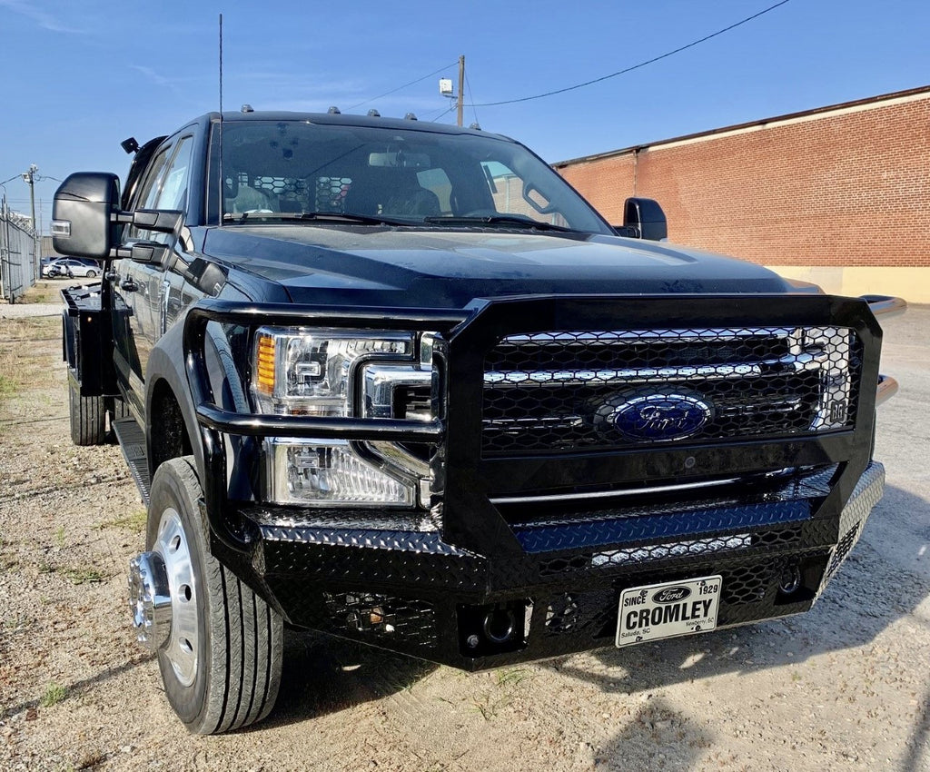 FT Front Bumper Extreme For 2017-2022 Ford F550 Superduty No Sensor Fog Cutouts Receiver With Mesh Grill With Camera Harness Gloss Black Powdercoat Fits 450/550 Trim Bodyguard Bumpers