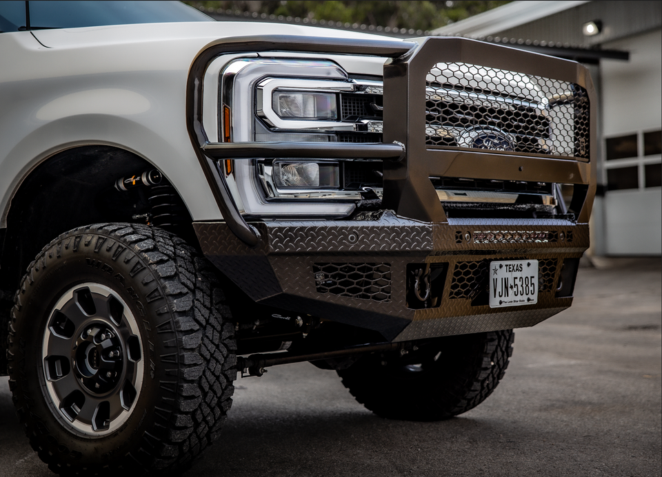 FT Front Bumper Extreme For 2023-2026 Ford F250/350 Superduty Sensor Cutouts Fog Cutouts Receiver With Mesh Grill With Camera Harness Gloss Black Powdercoat Bodyguard Bumpers